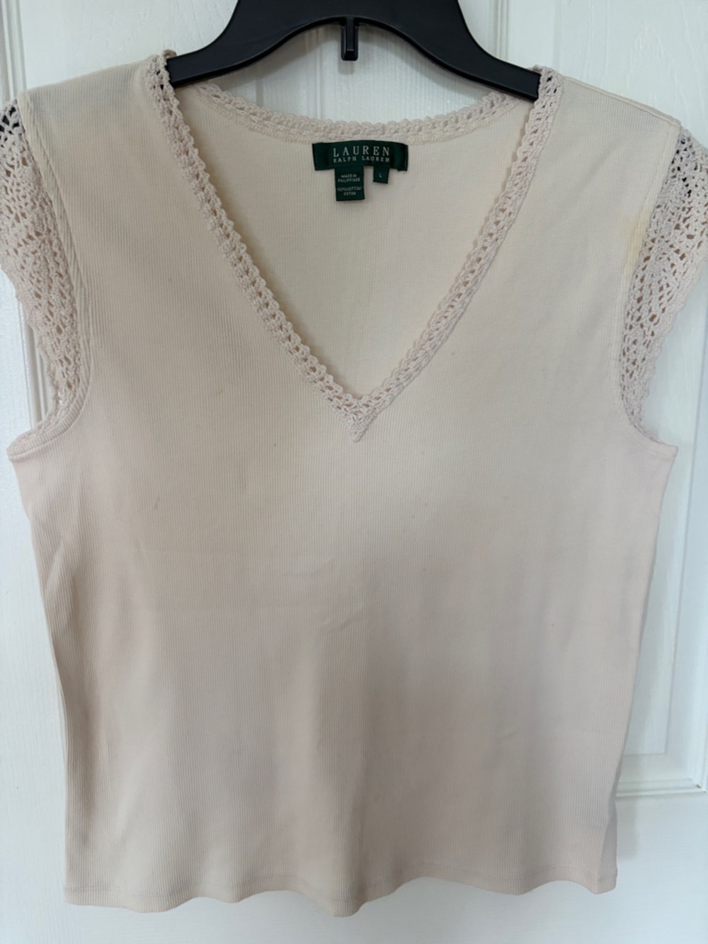 LAUREN Ralph Lauren Cream Crochet Trim V-Neck Tank